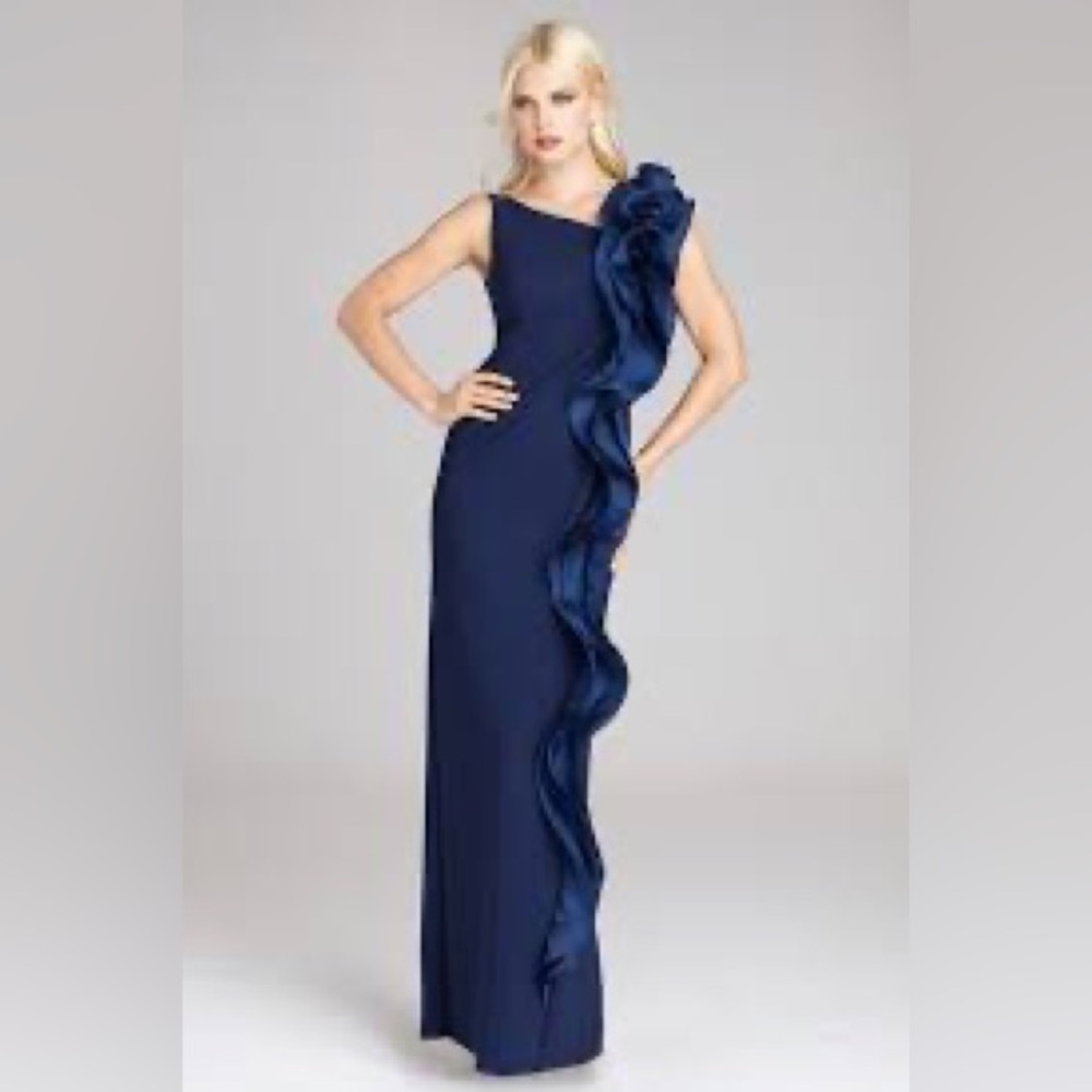 Teri Jon One-Shoulder Navy Dress with Ruffle mother of the bride dress
